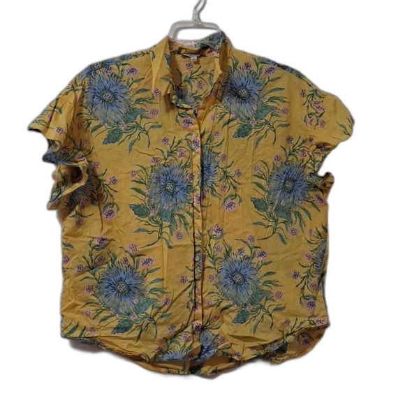 MADEWELL Ruffle-Sleeve Button-Down Shirt in Painted Blooms Short Sleeve XL - Picture 1 of 7